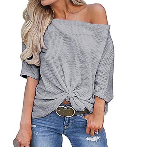 Gray off the shoulder twist knot tunic sweater - Picture 4 of 5